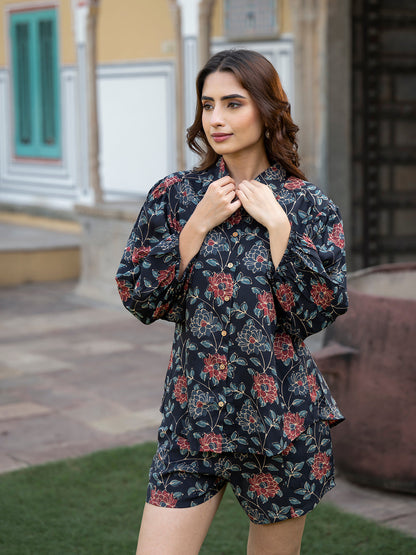 Dark Blue Floral Print Rayon Fabric Shirts Shorts With Crop Top three Piece set