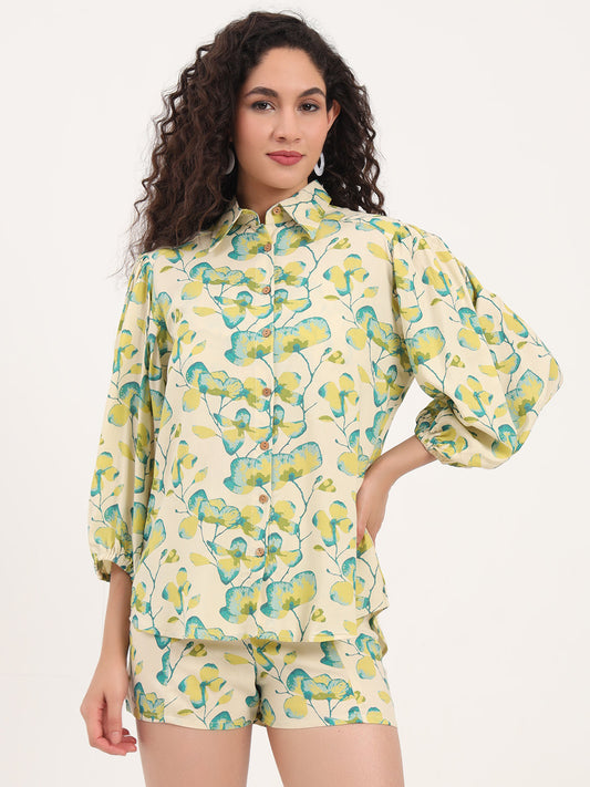 Green Floral Print Rayon Fabric  Shirts Shorts With Crop Top Co-ord set