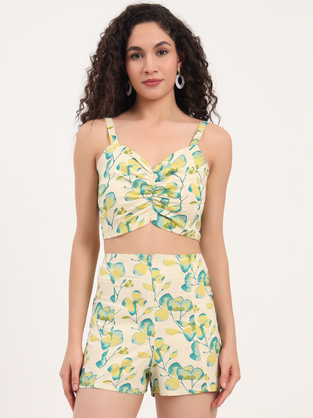 Green Floral Print Rayon Fabric  Shirts Shorts With Crop Top Co-ord set