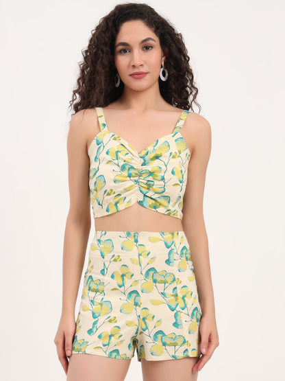 Green Floral Print Rayon Fabric  Shirts Shorts With Crop Top Co-ord set