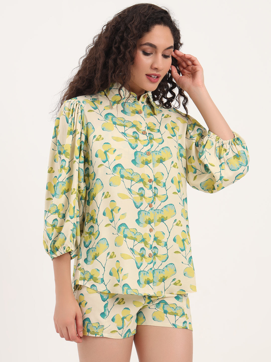 Green Floral Print Rayon Fabric  Shirts Shorts With Crop Top Co-ord set