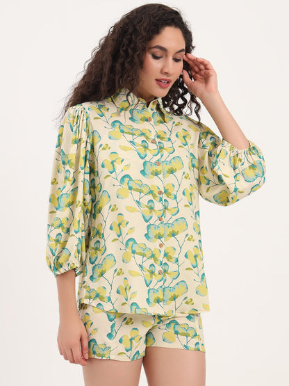Green Floral Print Rayon Fabric  Shirts Shorts With Crop Top Co-ord set