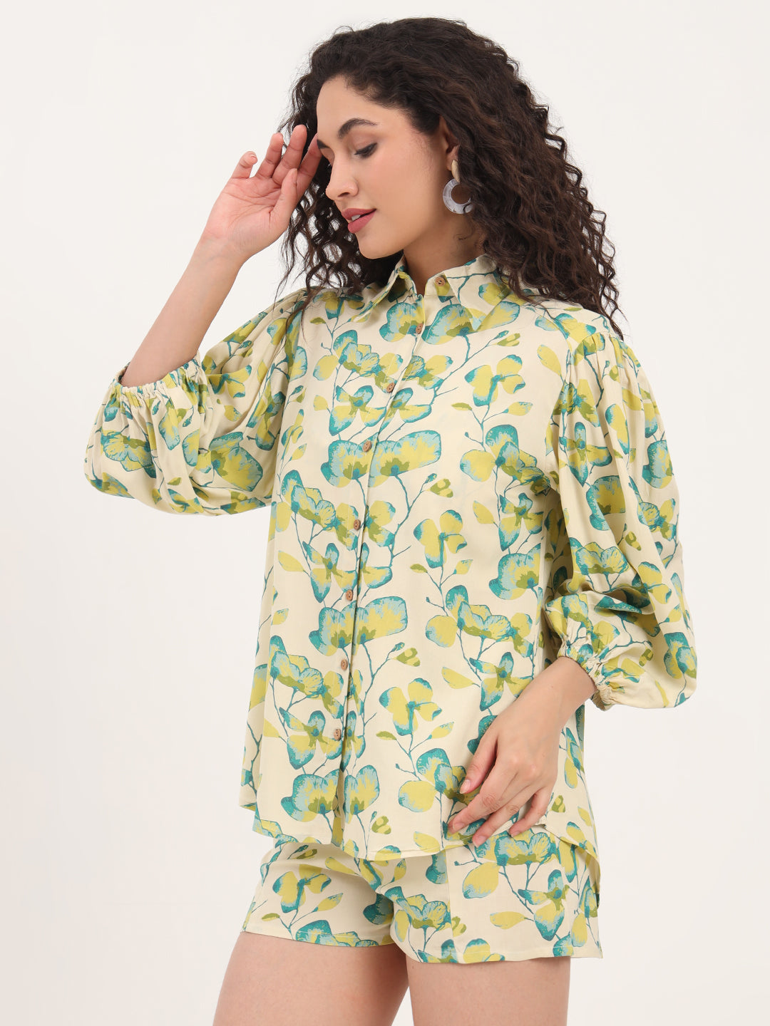 Green Floral Print Rayon Fabric  Shirts Shorts With Crop Top Co-ord set