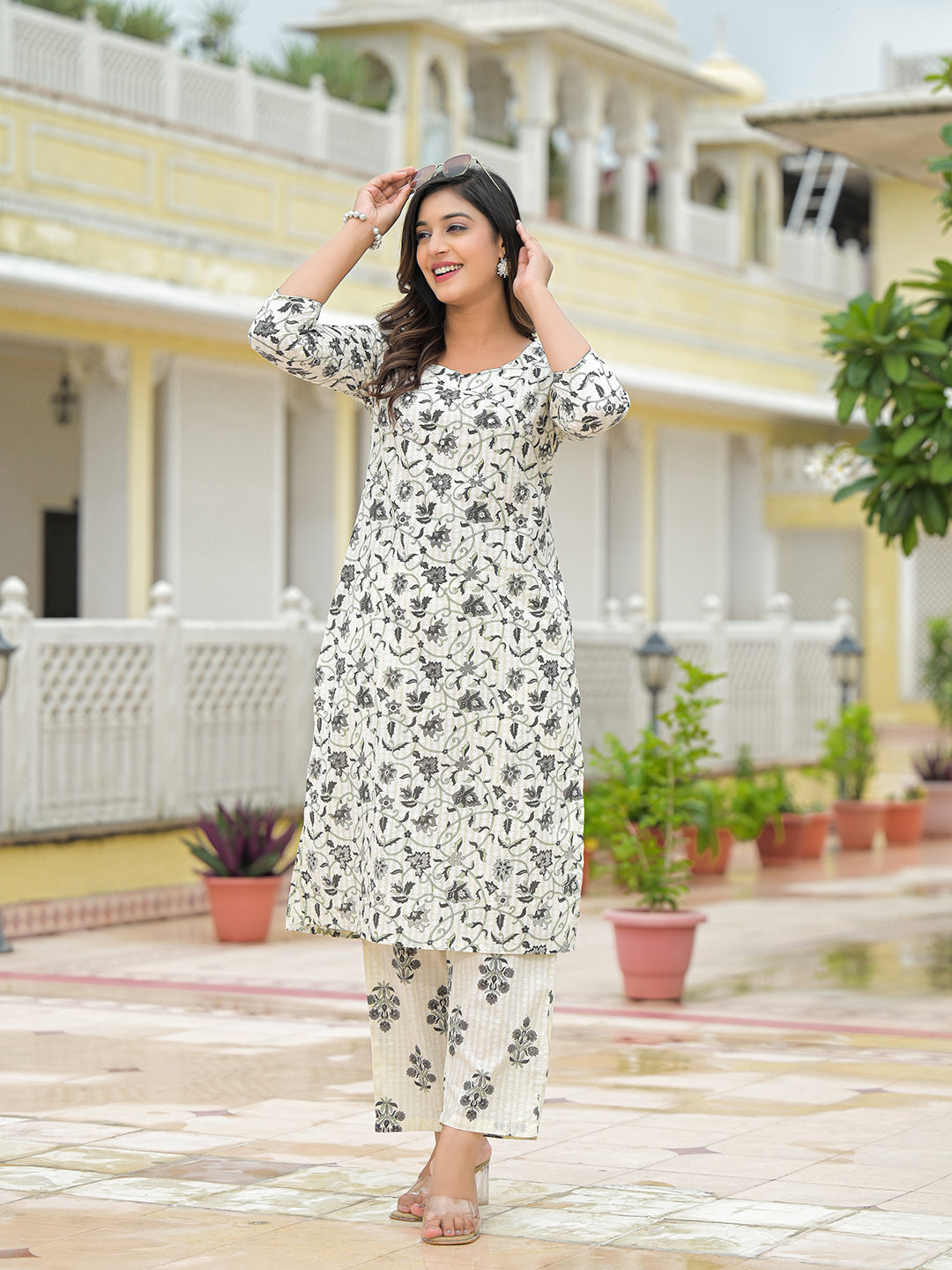 Cream Floral Printed Cotton Kurta Pant Sets