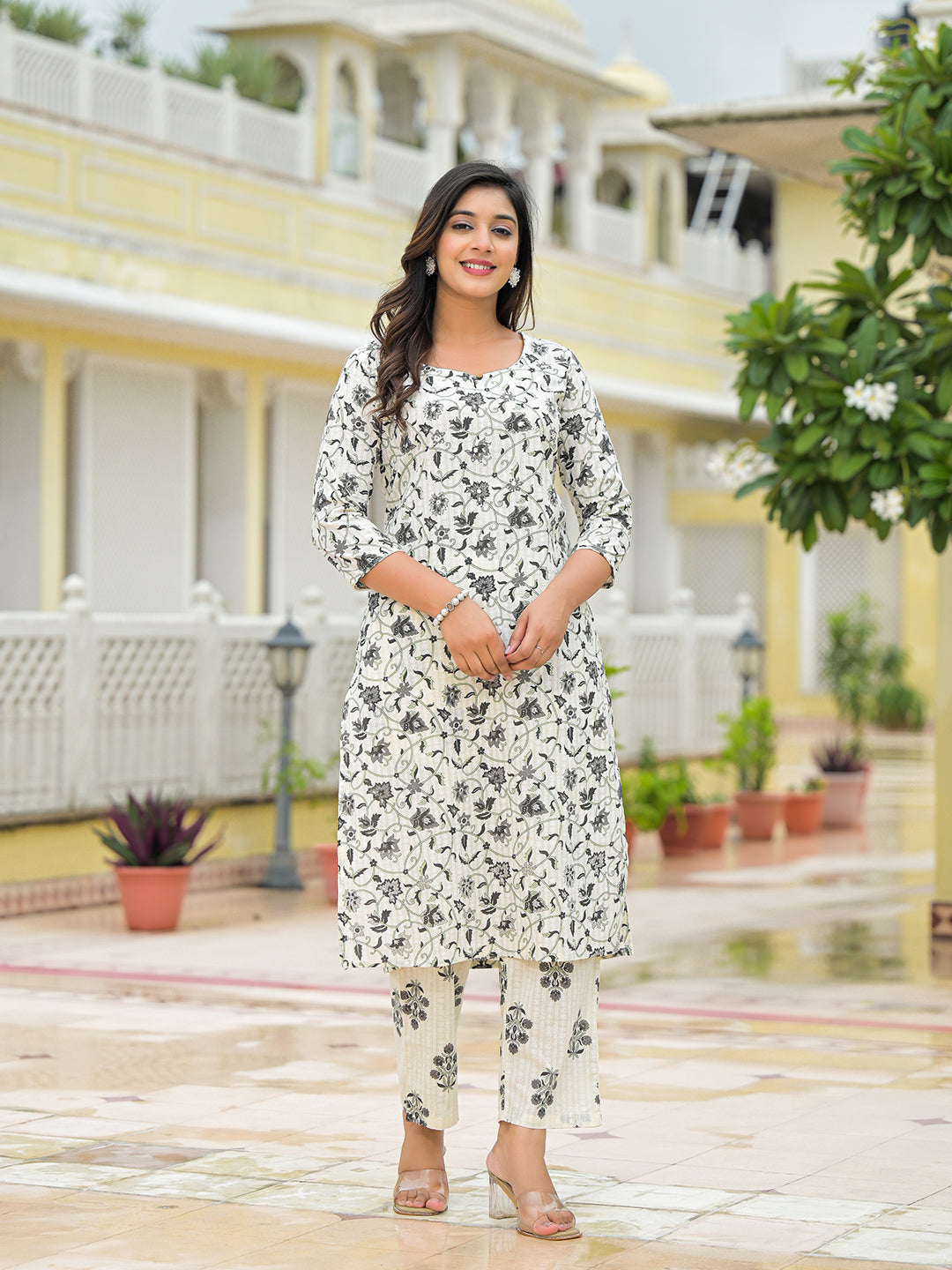 Cream Floral Printed Cotton Kurta Pant Sets