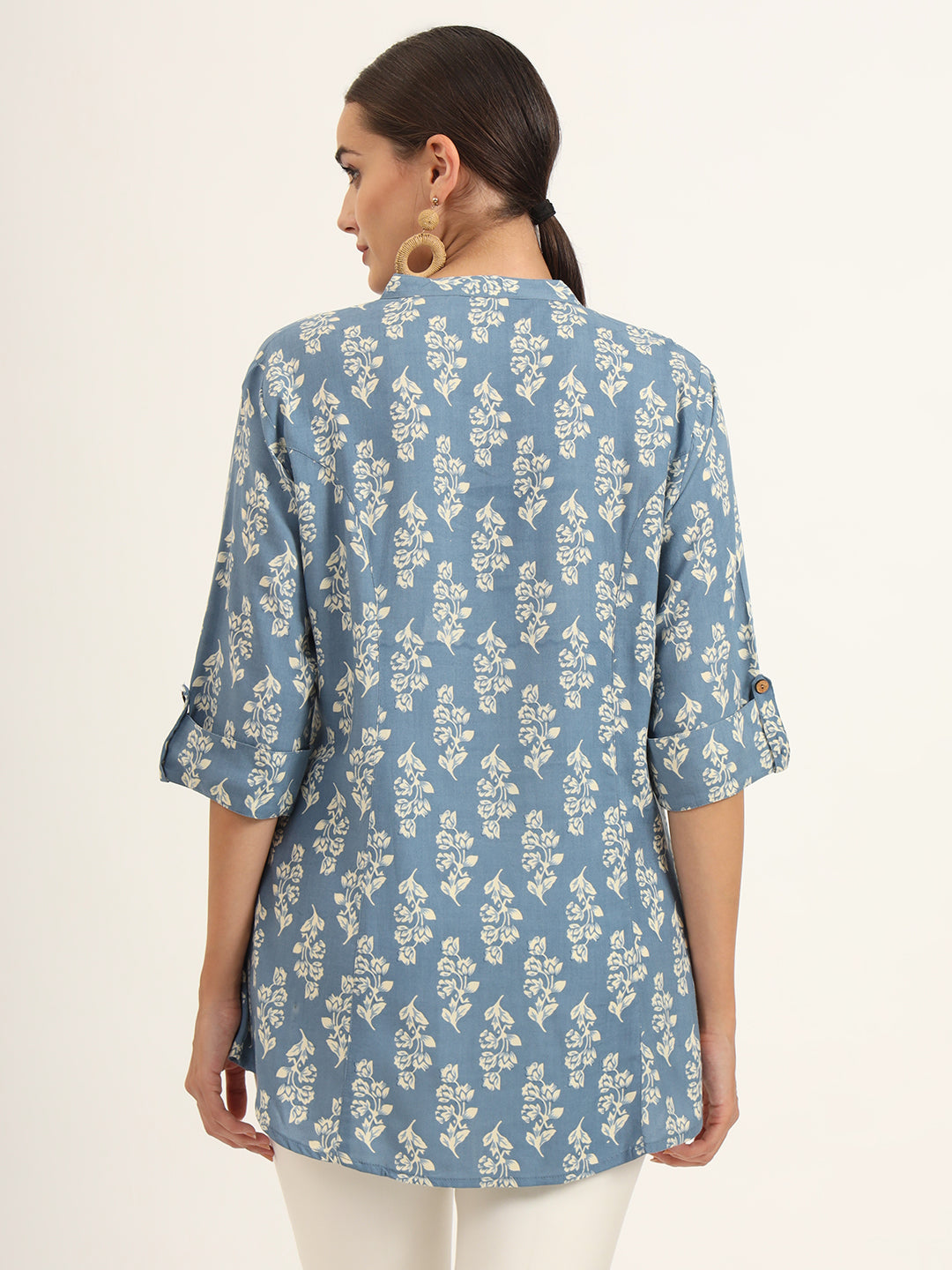 Blue Floral Print Pure Rayon Straight Top
