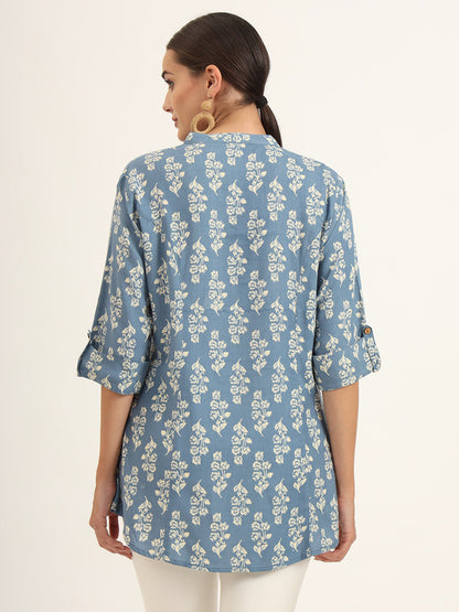 Blue Floral Print Pure Rayon Straight Top