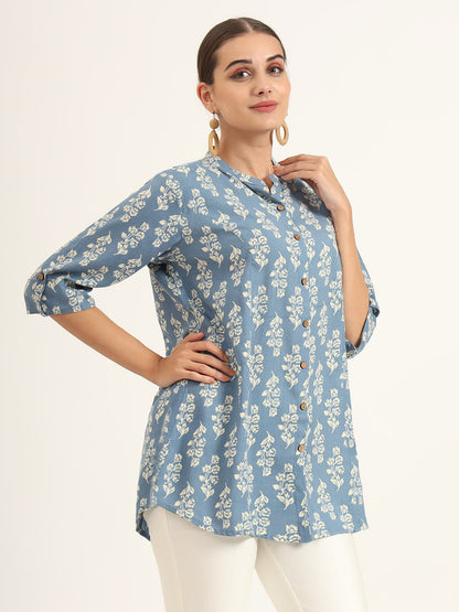 Blue Floral Print Pure Rayon Straight Top