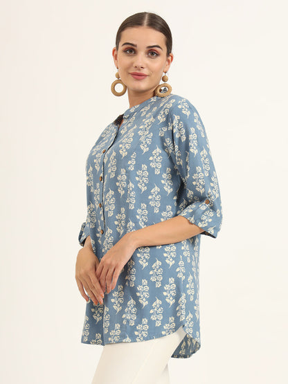 Blue Floral Print Pure Rayon Straight Top
