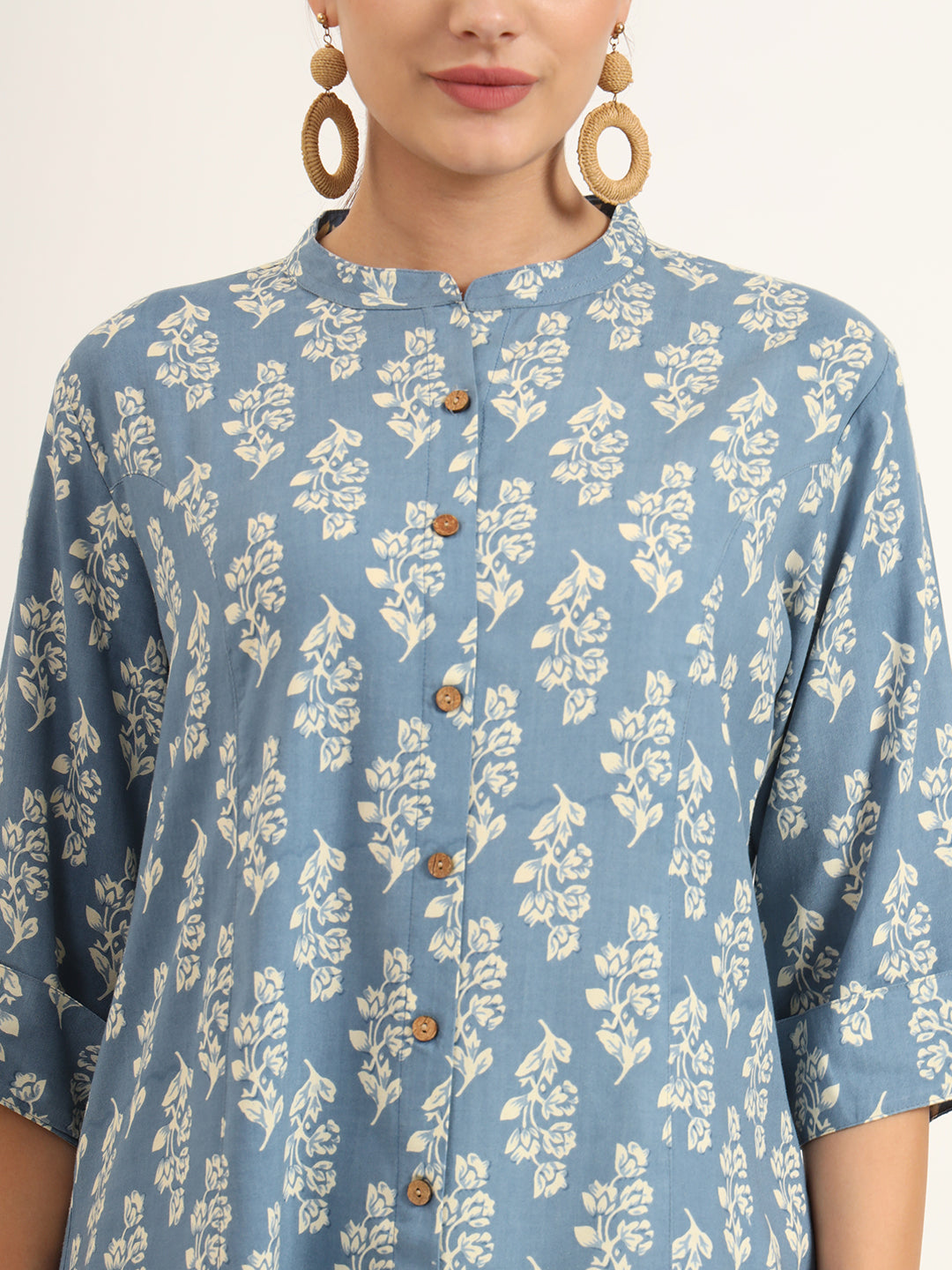 Blue Floral Print Pure Rayon Straight Top