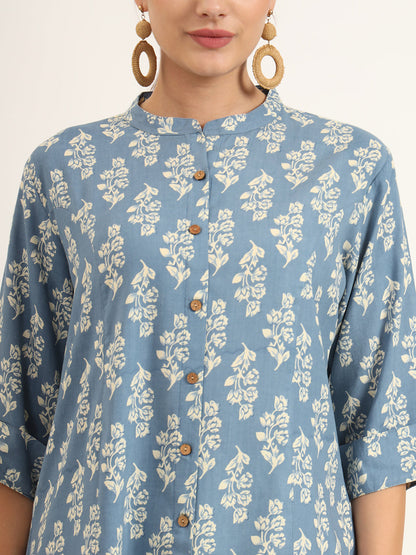 Blue Floral Print Pure Rayon Straight Top