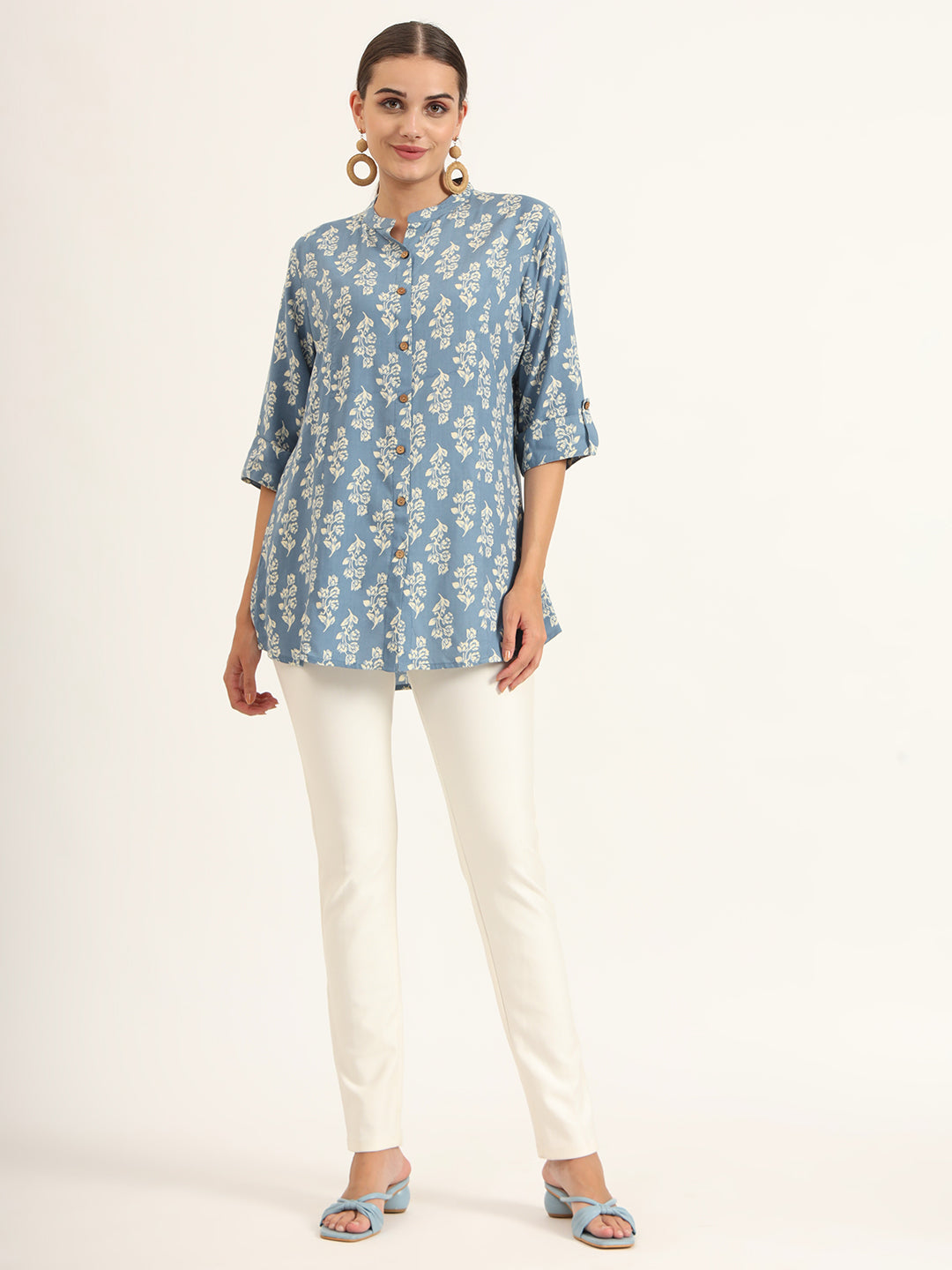 Blue Floral Print Pure Rayon Straight Top
