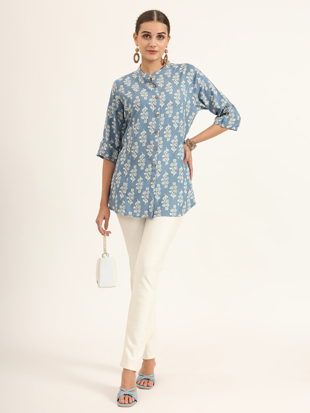 Blue Floral Print Pure Rayon Straight Top