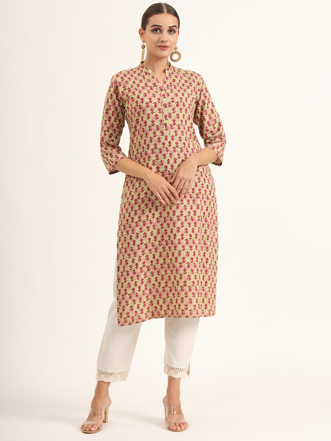 Red Floral Print Pure Cotton Straight Kurta