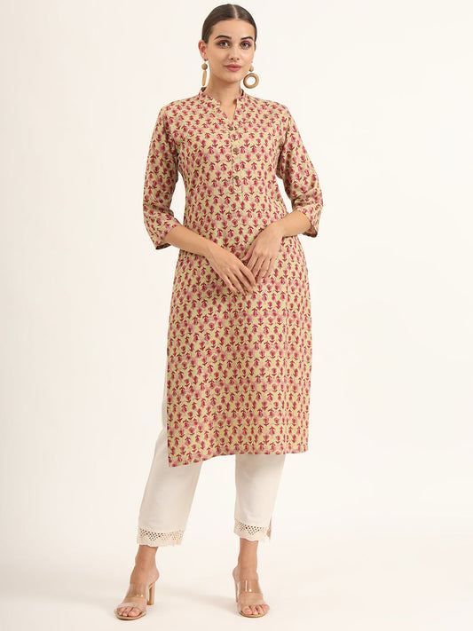 Red Floral Print Pure Cotton Straight Kurta