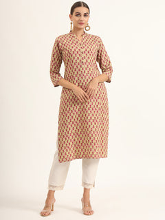Red Floral Print Pure Cotton Straight Kurta