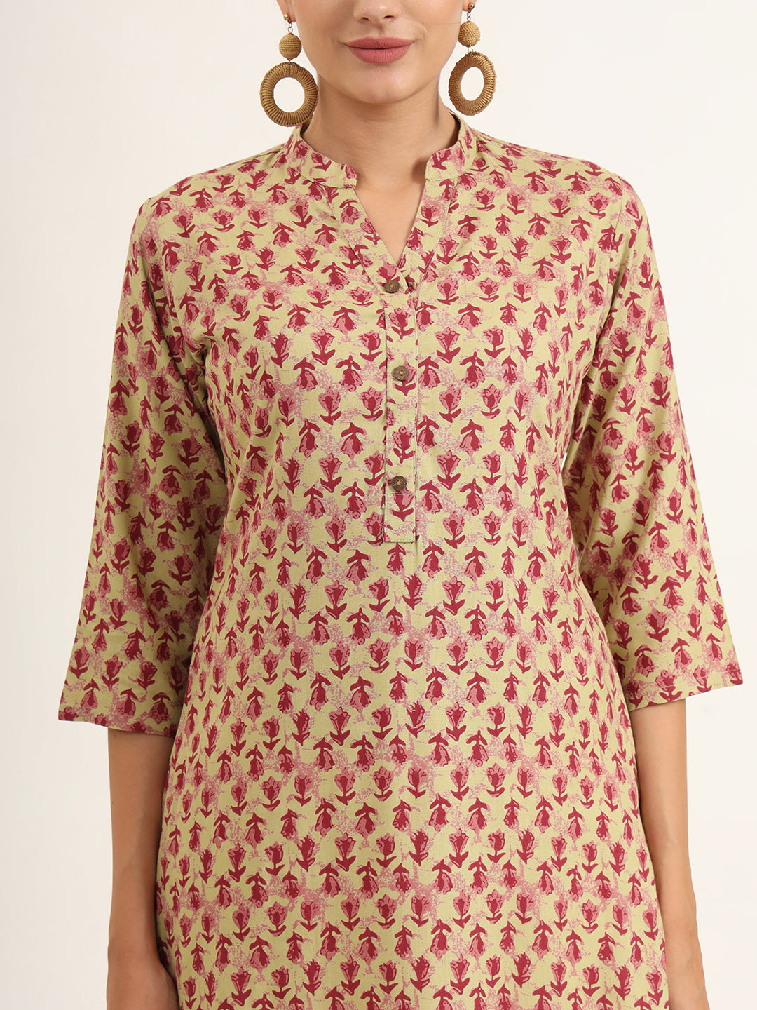 Red Floral Print Pure Cotton Straight Kurta