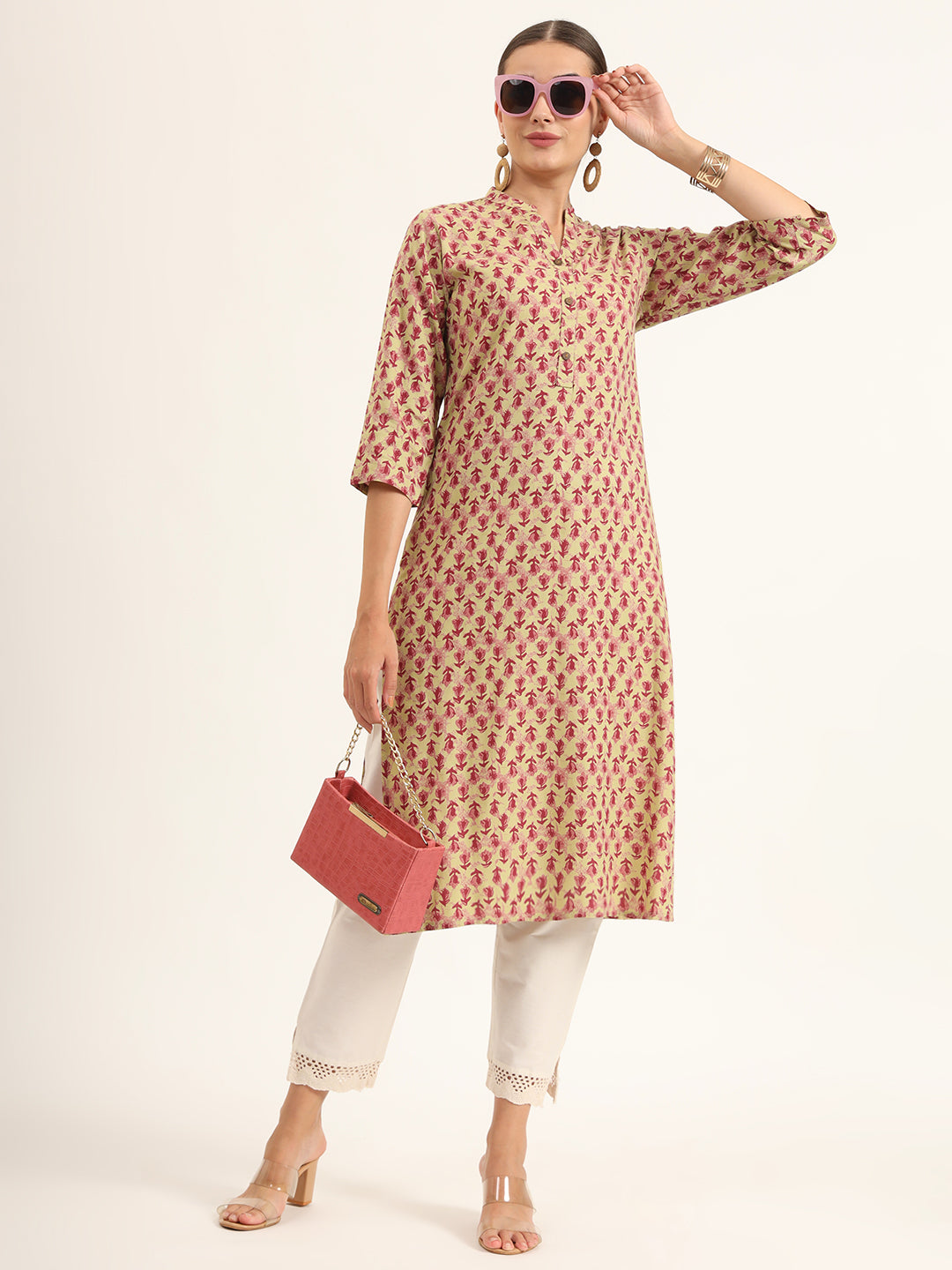Red Floral Print Pure Cotton Straight Kurta