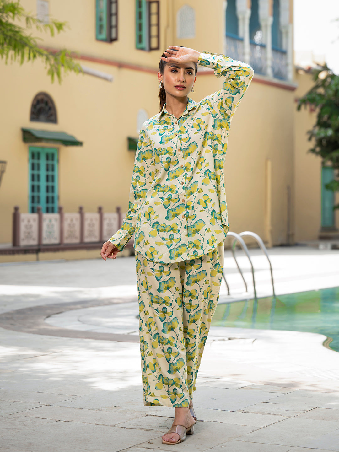 Green Floral Printed Rayon Co-ord Set for Women