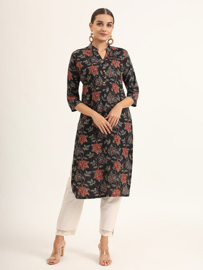 Black Floral Print Rayon Straight Kurta