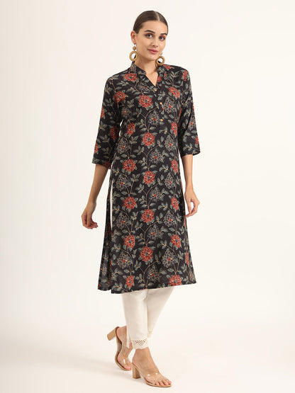 Black Floral Print Rayon Straight Kurta