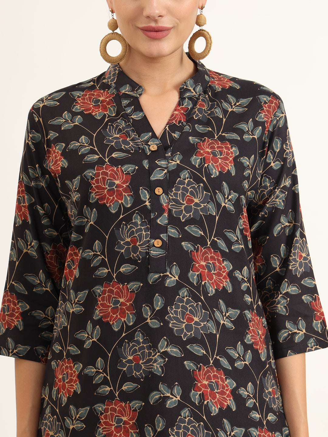 Black Floral Print Rayon Straight Kurta