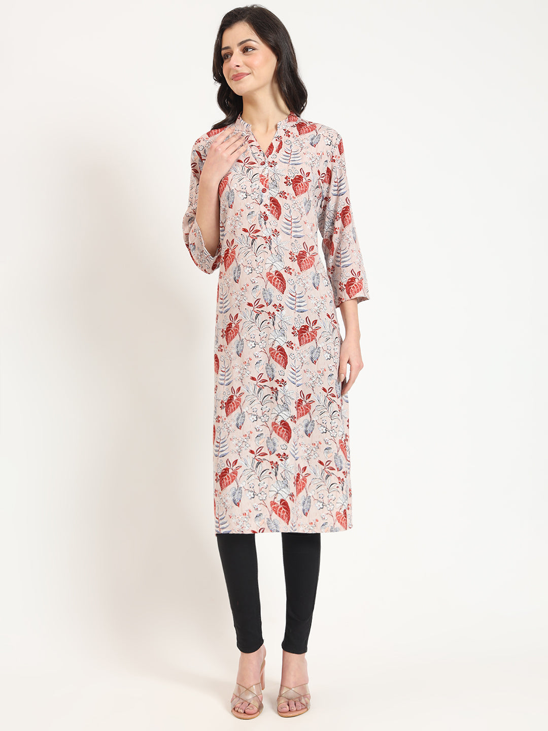 Multicolour Floral Print Rayon Fabric Straight Kurta