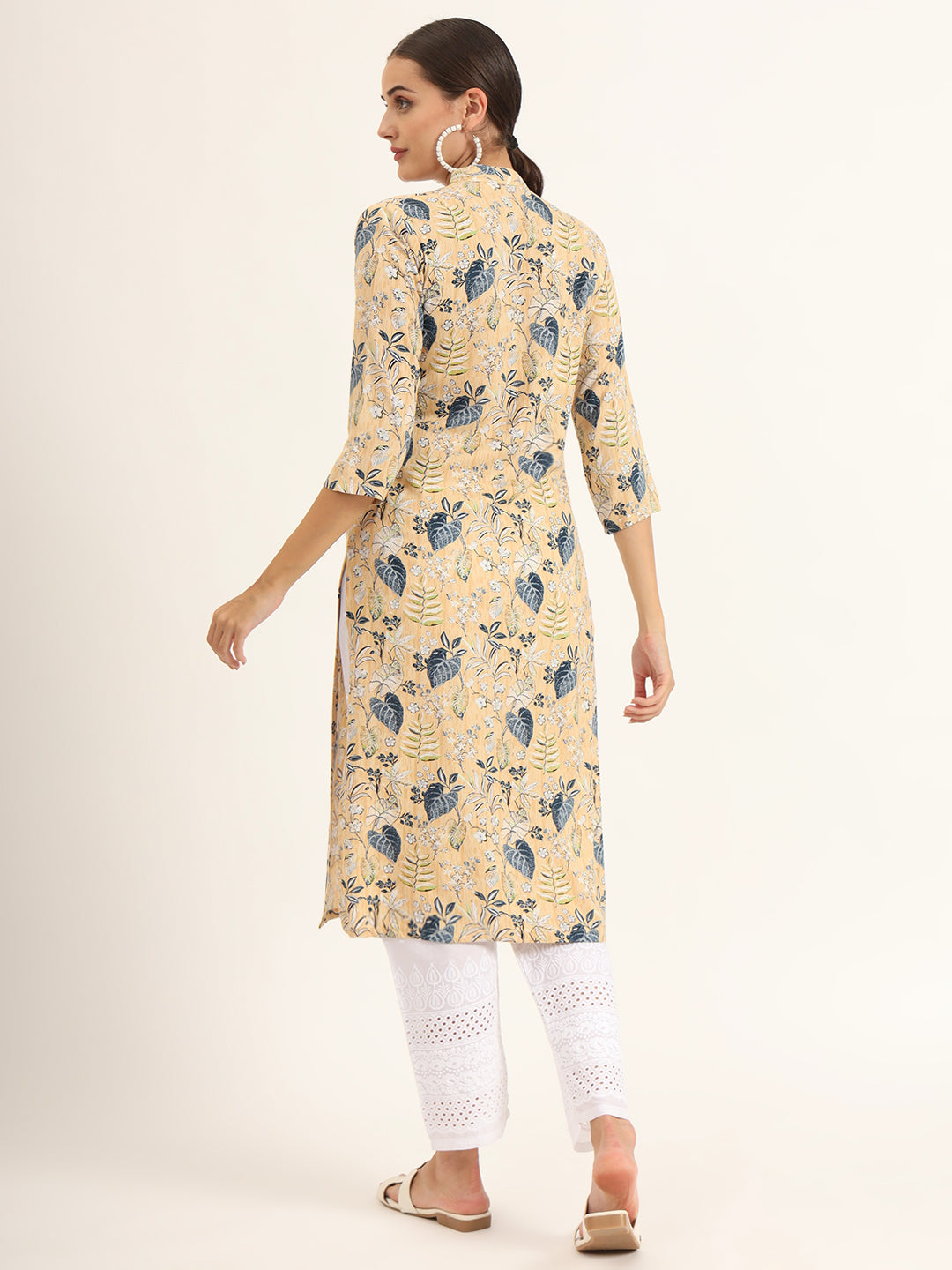 Yellow Floral Print Rayon Straight Kurta