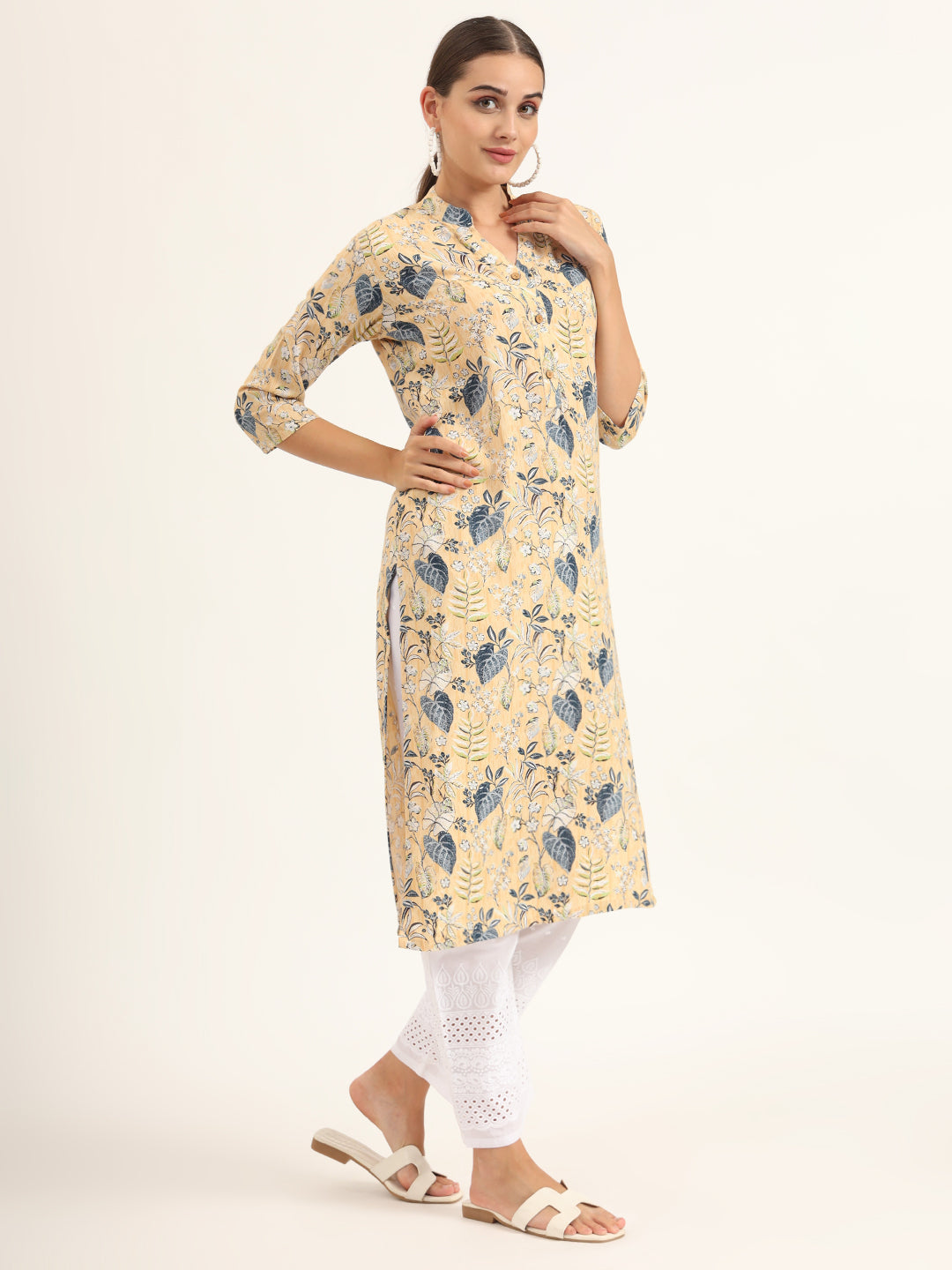 Yellow Floral Print Rayon Straight Kurta