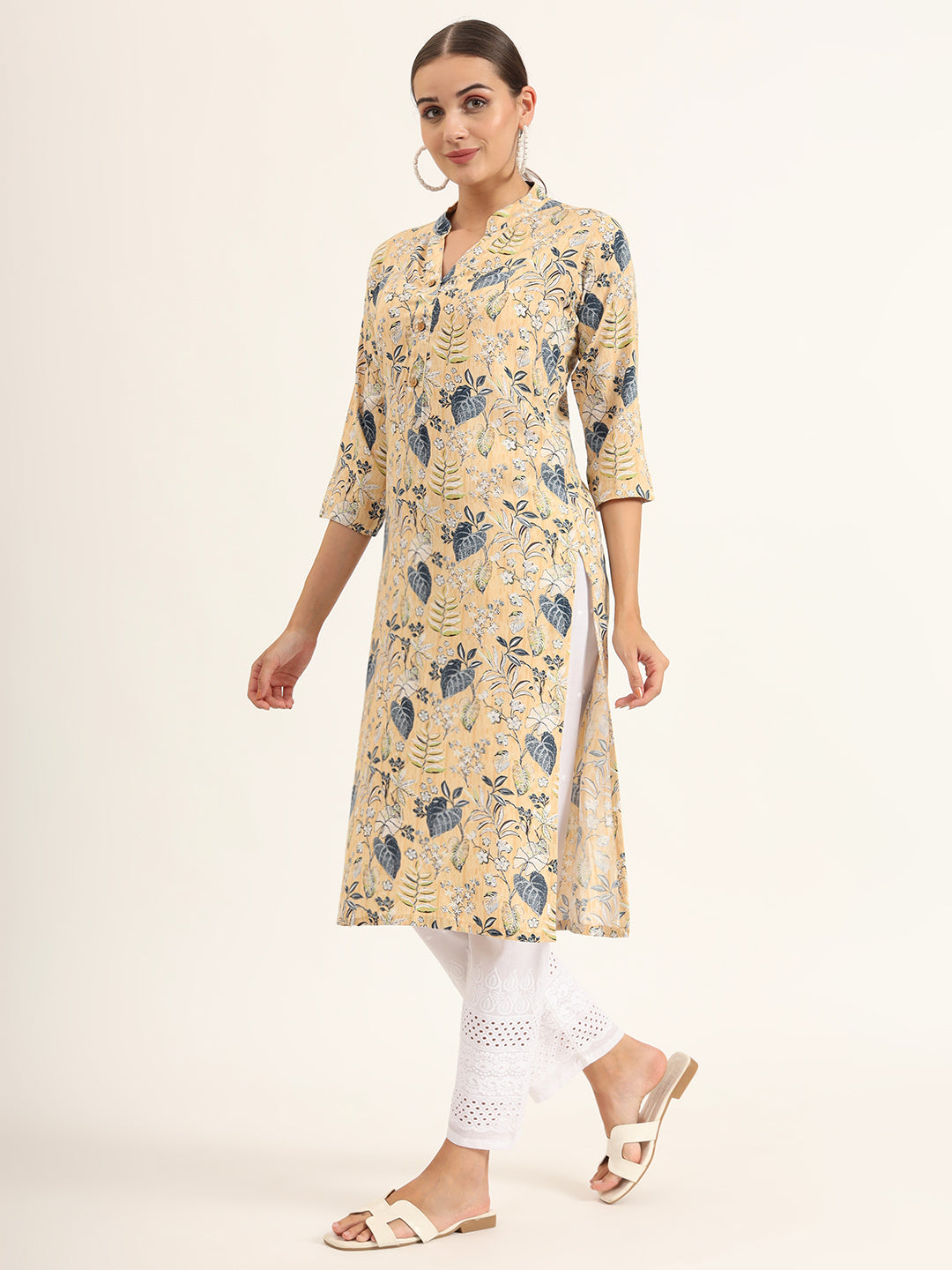 Yellow Floral Print Rayon Straight Kurta