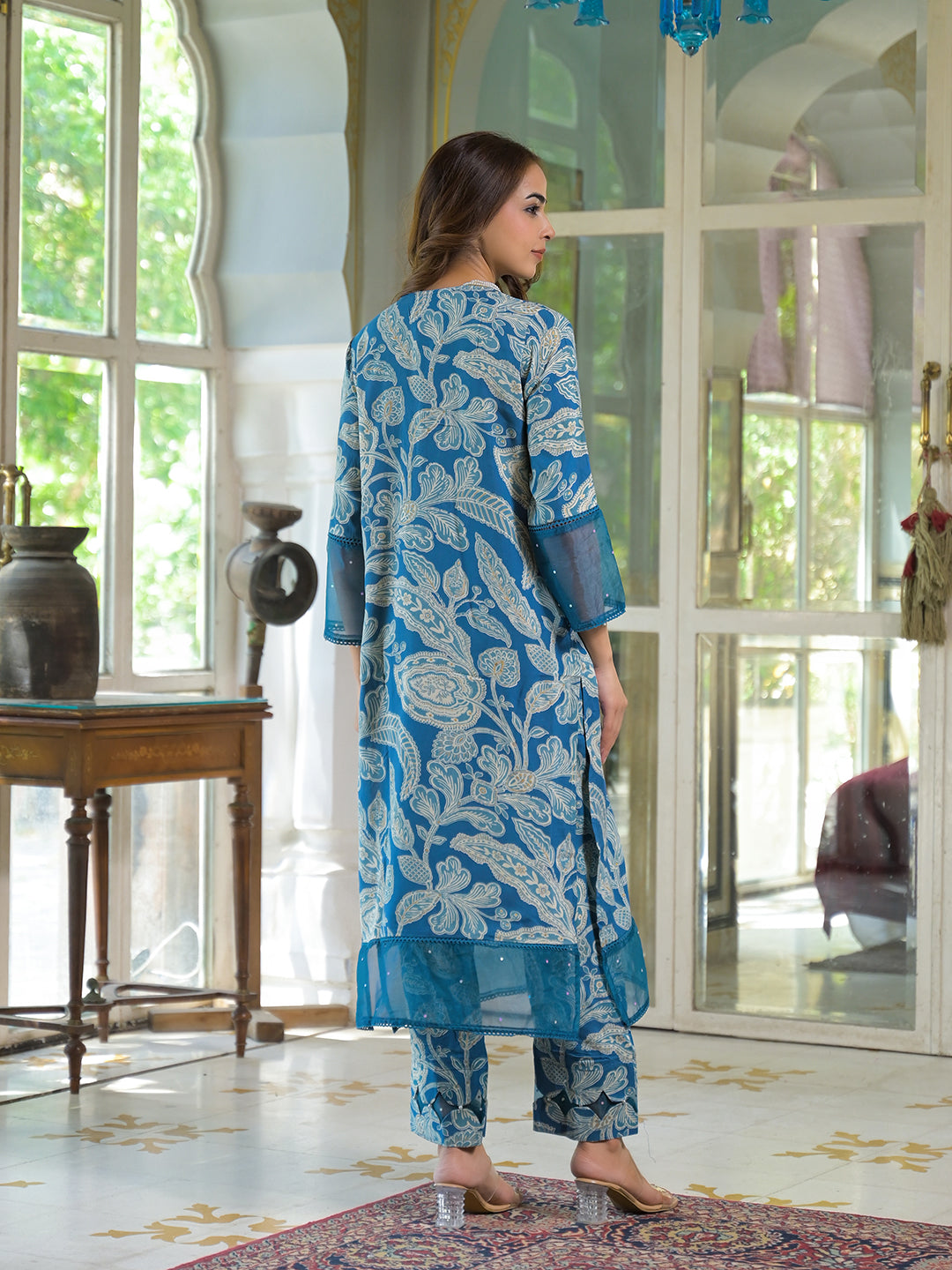 Blue Rayon Floral Printed Kurta Pant with Dupatta