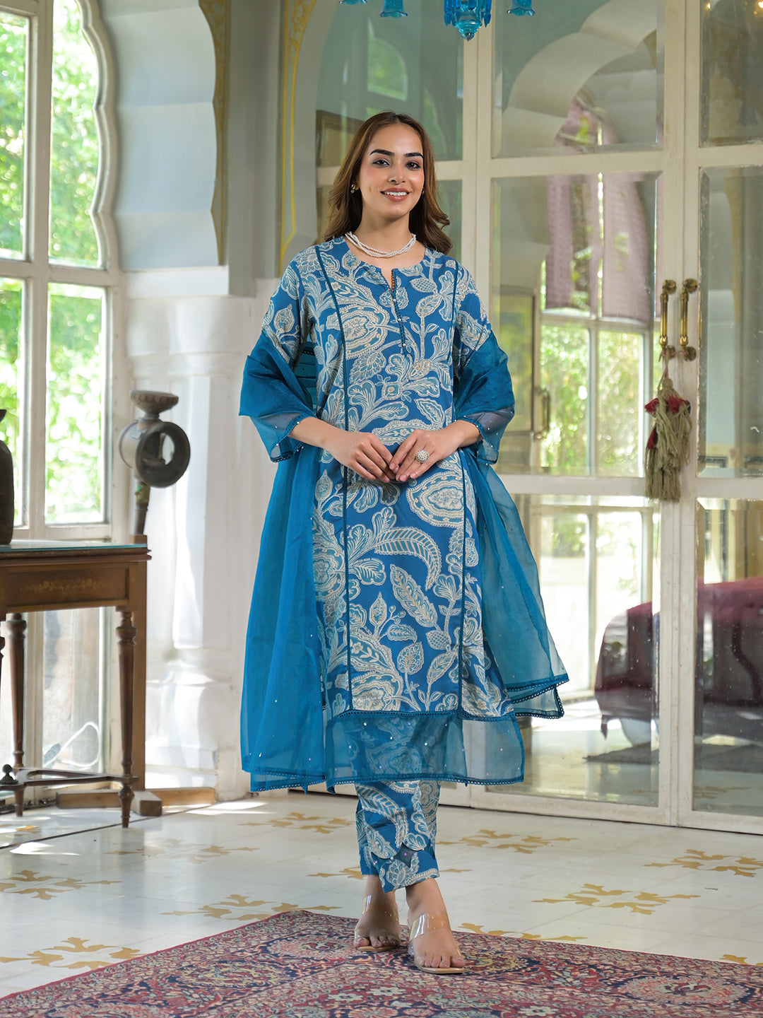 Blue Rayon Floral Printed Kurta Pant with Dupatta