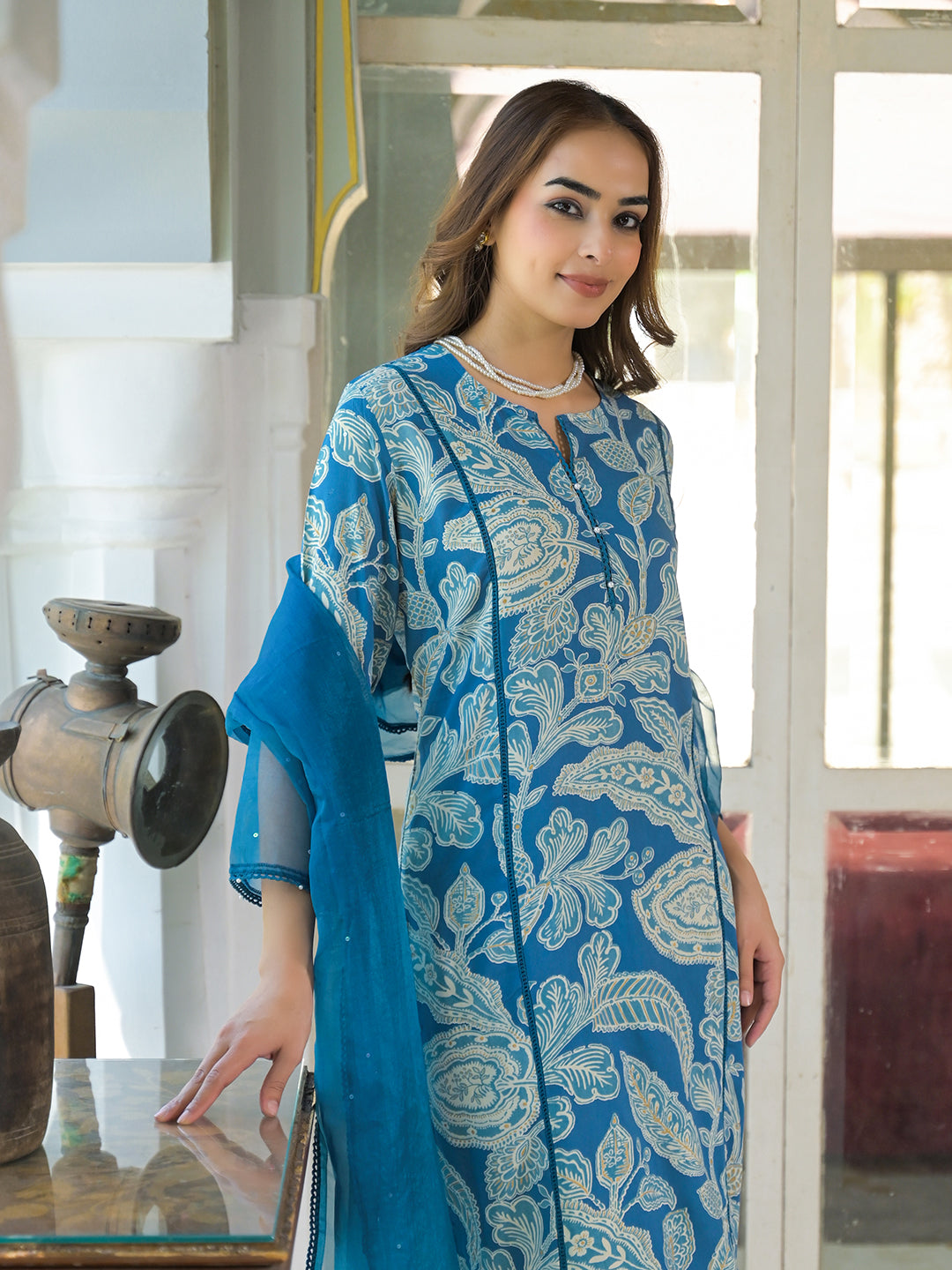 Blue Rayon Floral Printed Kurta Pant with Dupatta