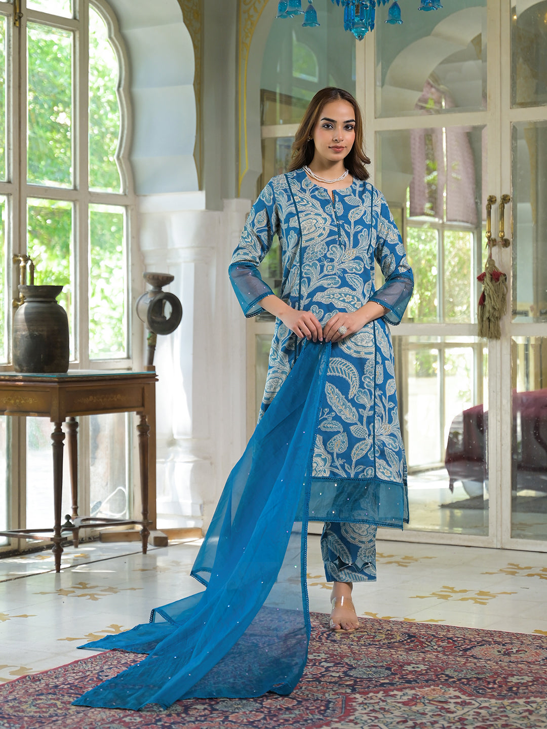 Blue Rayon Floral Printed Kurta Pant with Dupatta