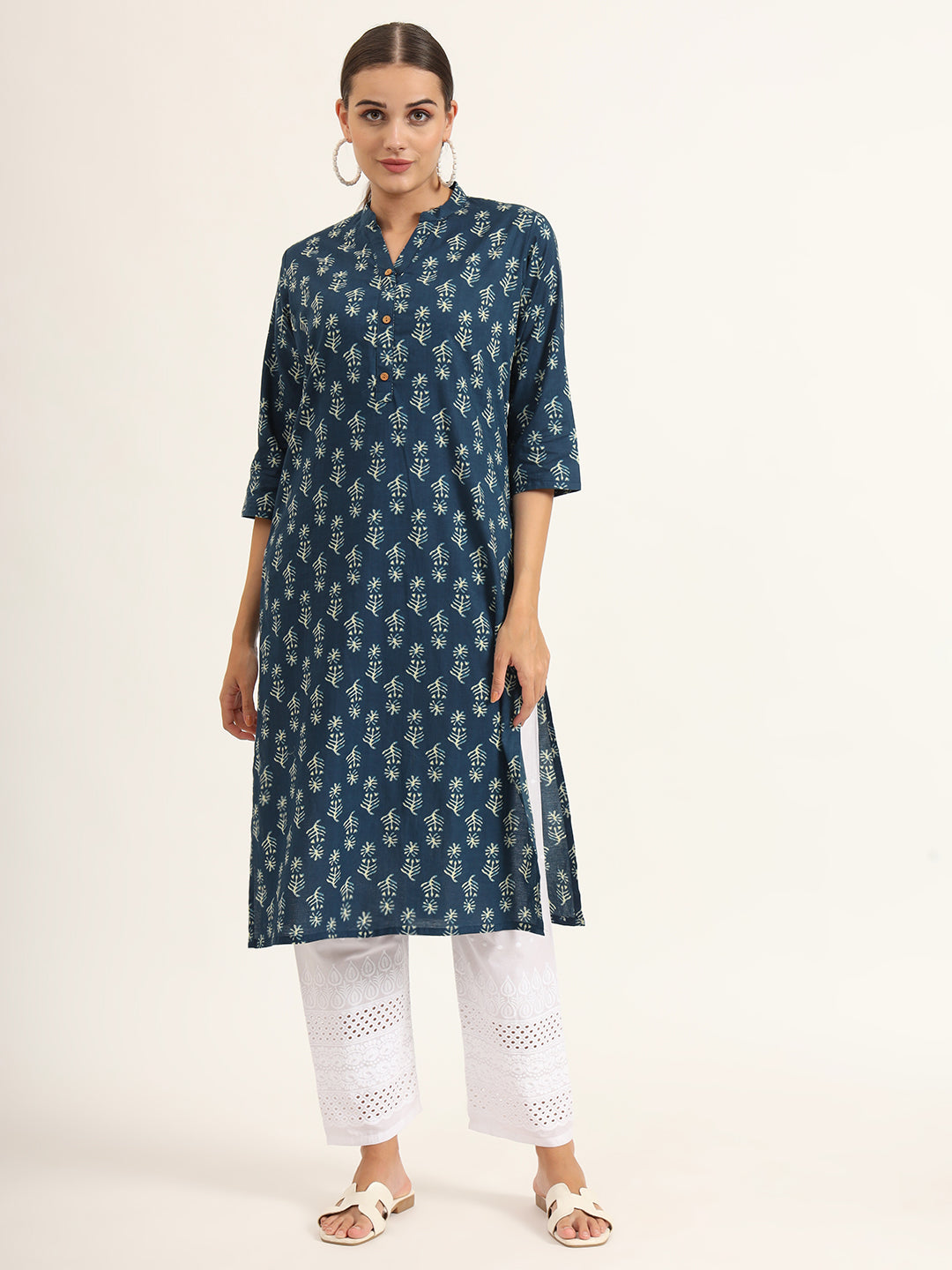 Blue Floral Print Pure Cotton Straight Kurta