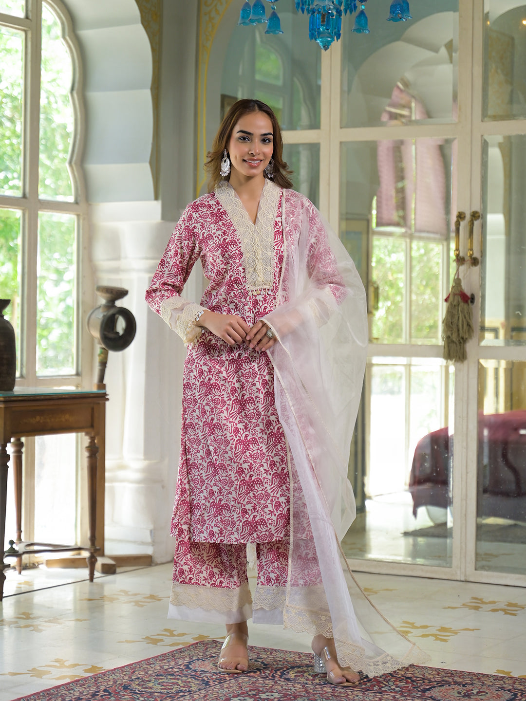 Cream & Pink Rayon Ethnic Print Kurta Pant with Dupatta