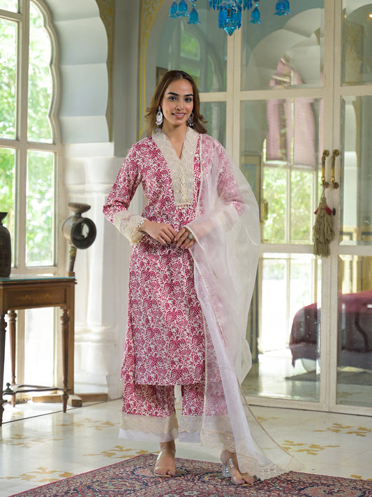 Cream & Pink Rayon Ethnic Print Kurta Pant with Dupatta
