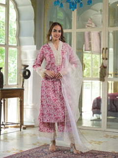 Cream & Pink Rayon Ethnic Print Kurta Pant with Dupatta