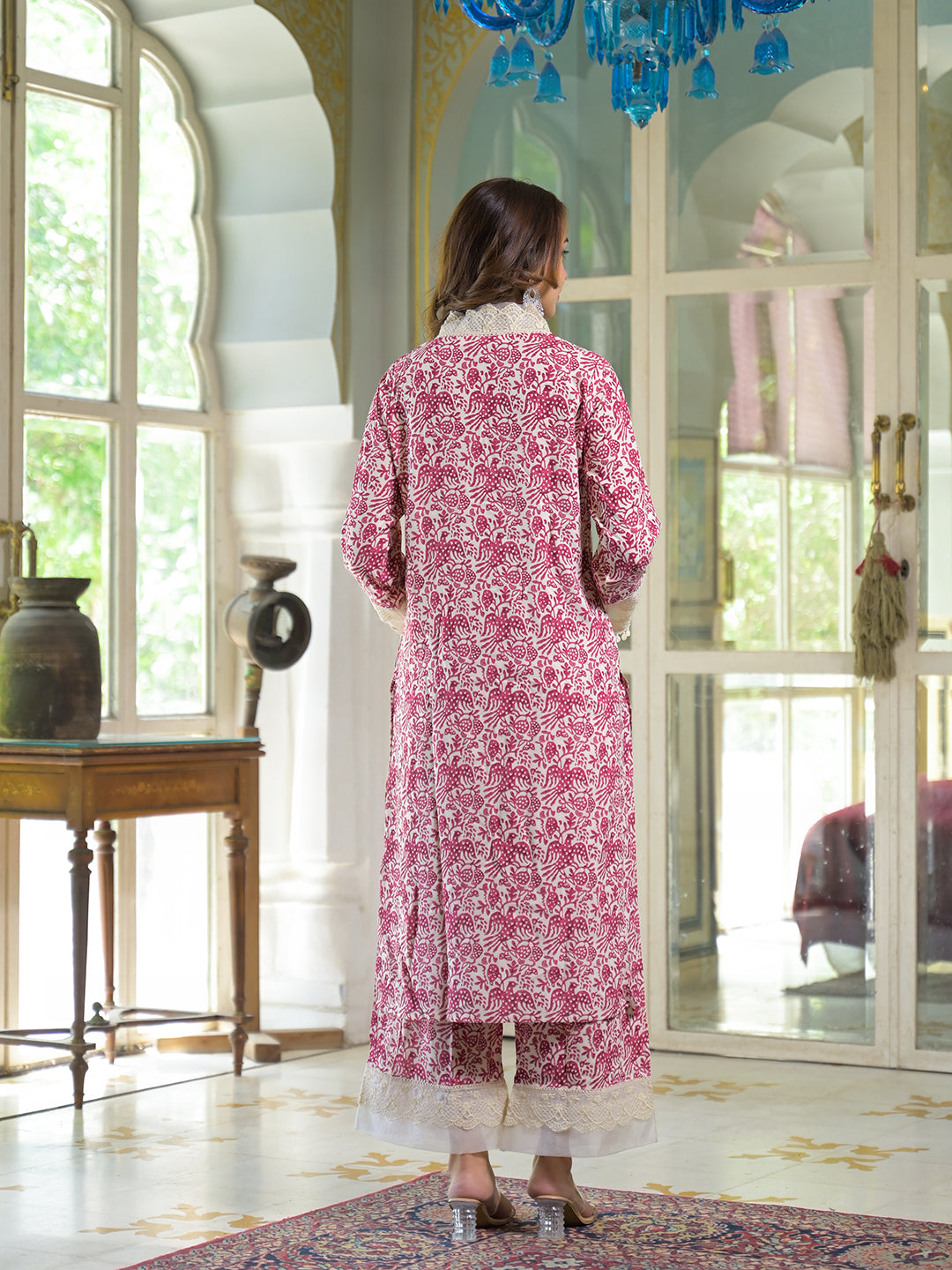 Cream & Pink Rayon Ethnic Print Kurta Pant with Dupatta