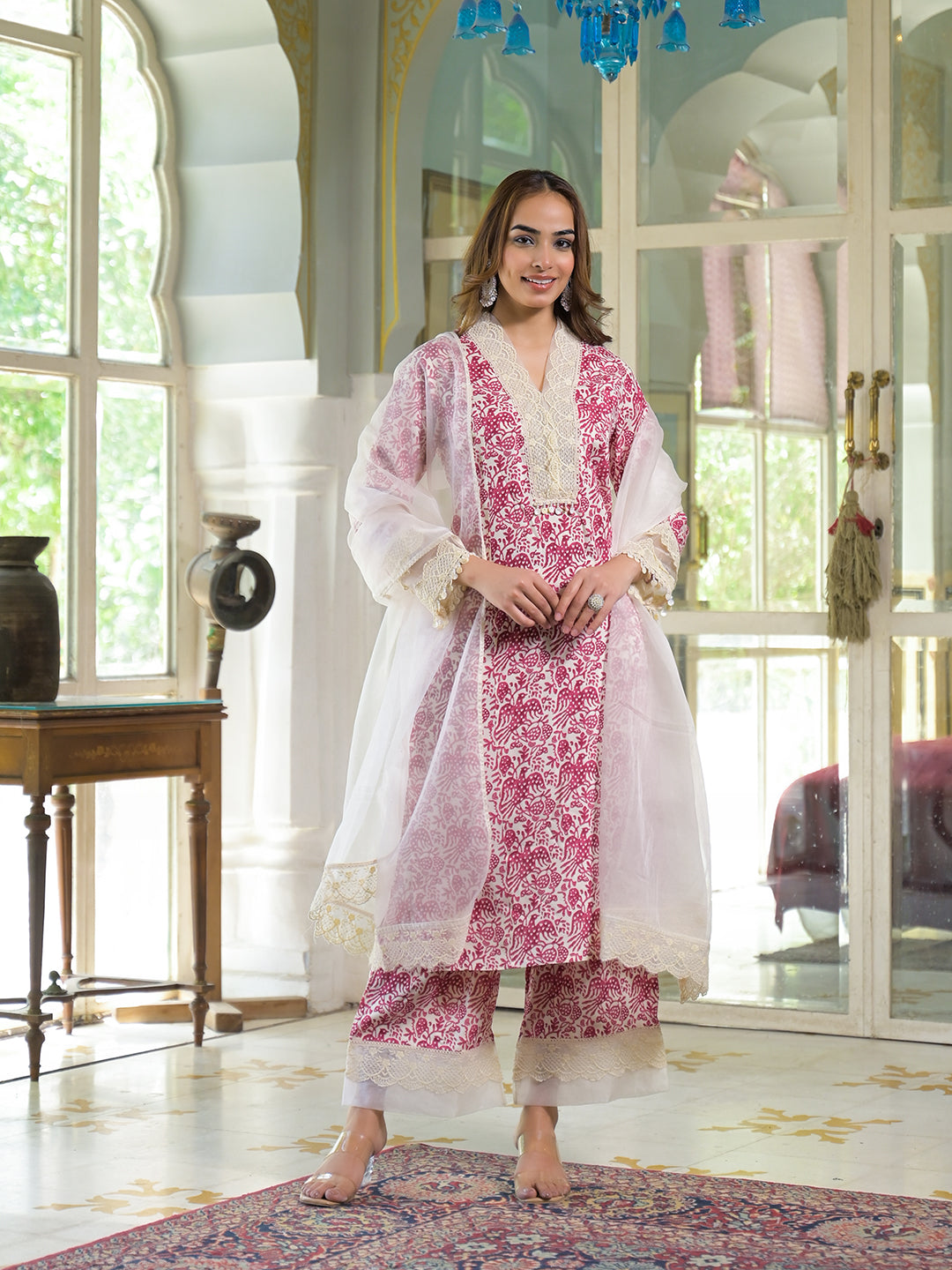 Cream & Pink Rayon Ethnic Print Kurta Pant with Dupatta