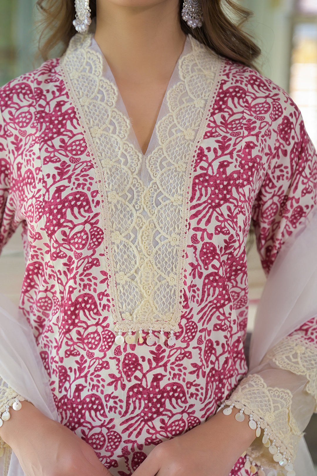 Cream & Pink Rayon Ethnic Print Kurta Pant with Dupatta