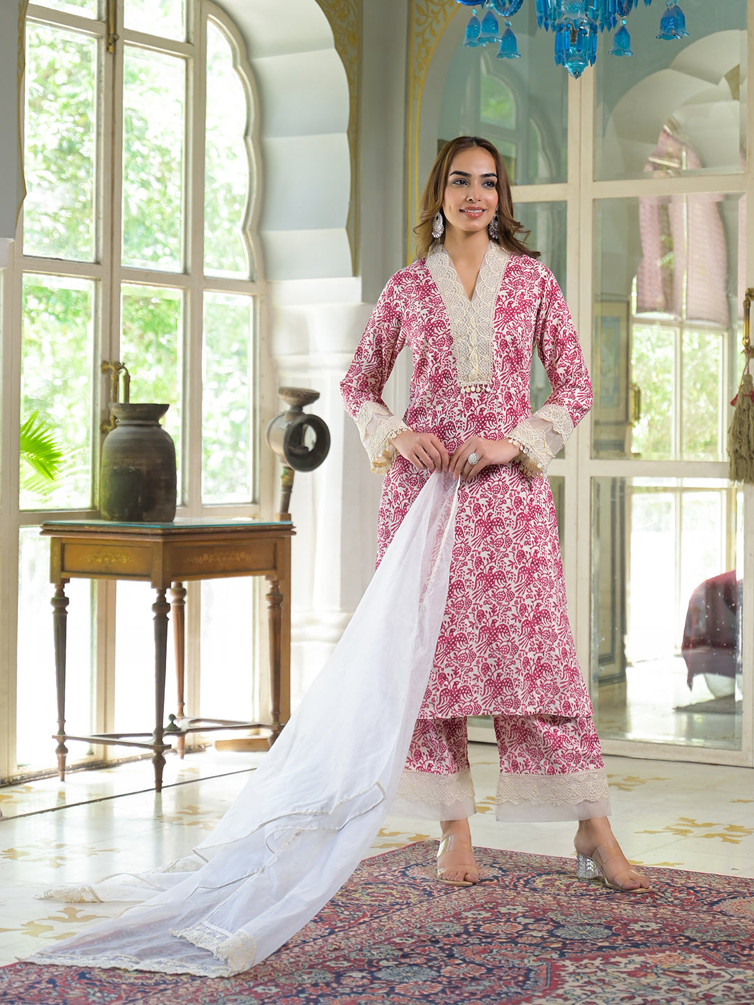 Cream & Pink Rayon Ethnic Print Kurta Pant with Dupatta