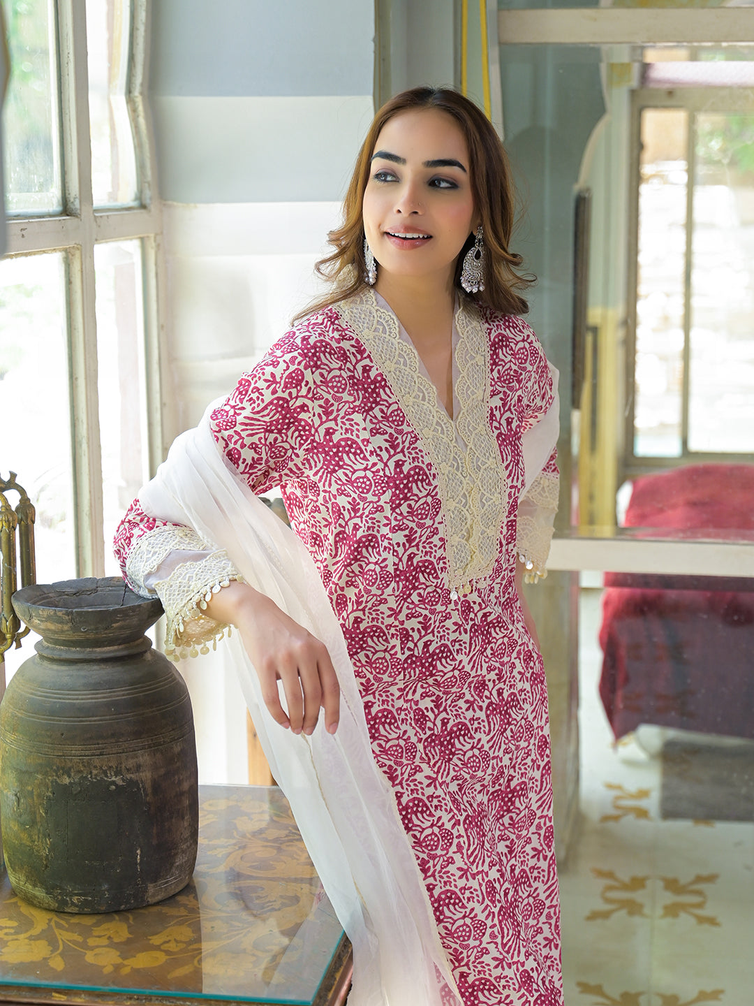 Cream & Pink Rayon Ethnic Print Kurta Pant with Dupatta