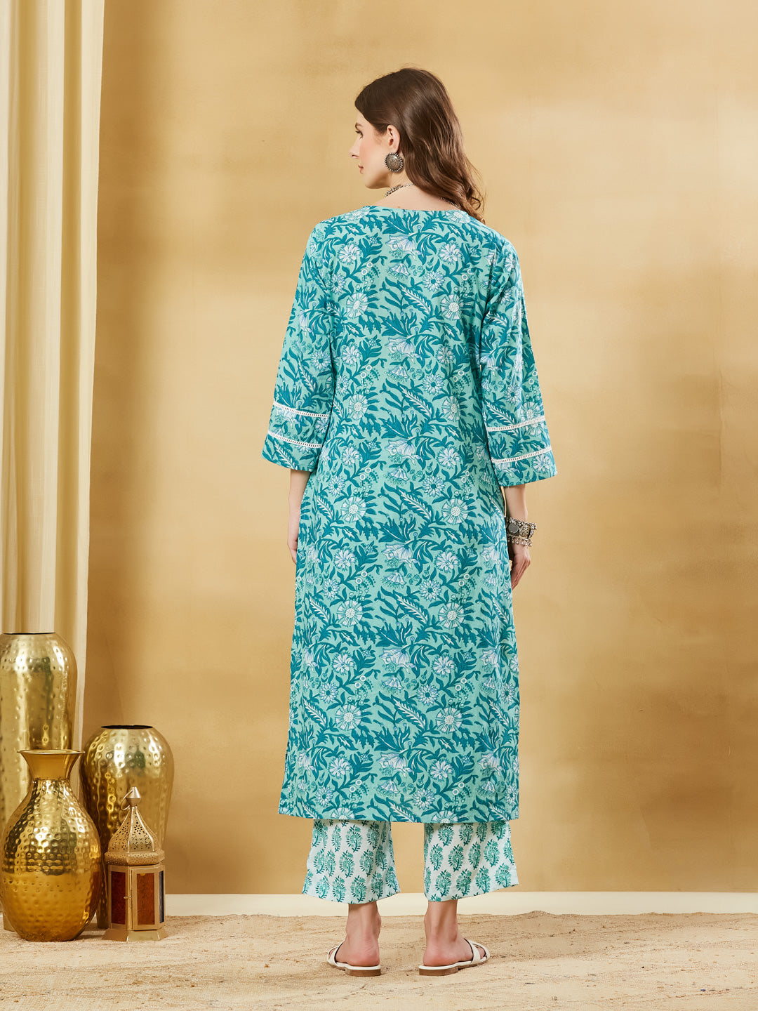 Torquise Blue Cotton Kurta Pant Set
