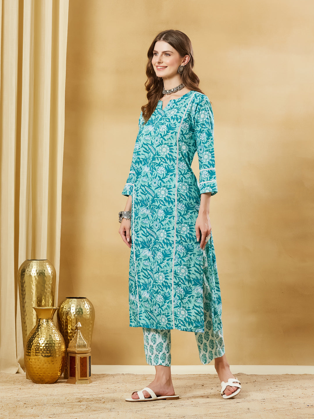 Torquise Blue Cotton Kurta Pant Set