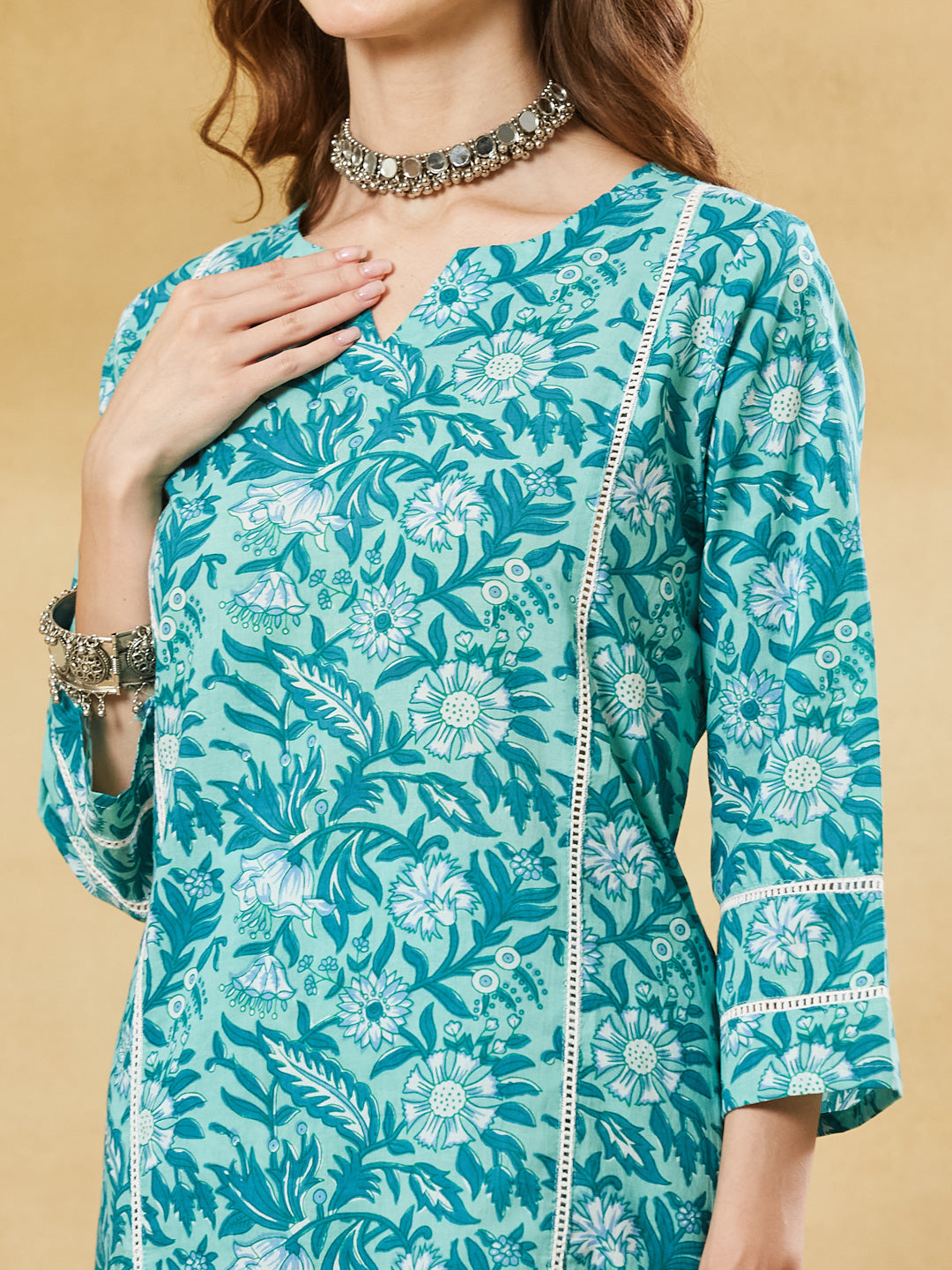 Torquise Blue Cotton Kurta Pant Set