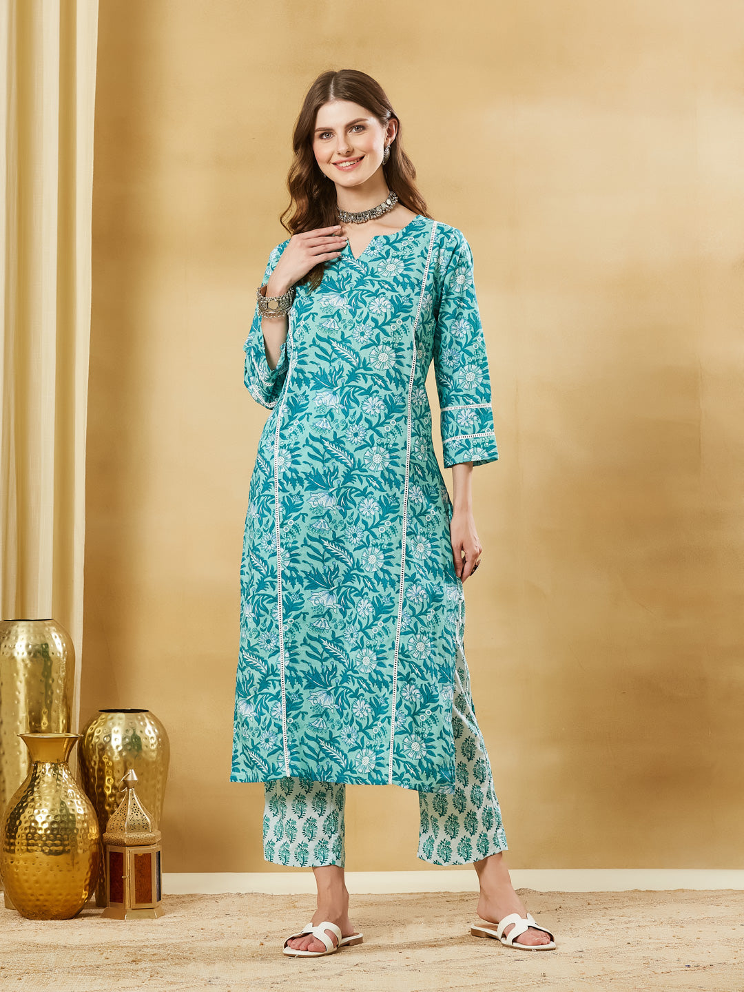 Torquise Blue Cotton Kurta Pant Set