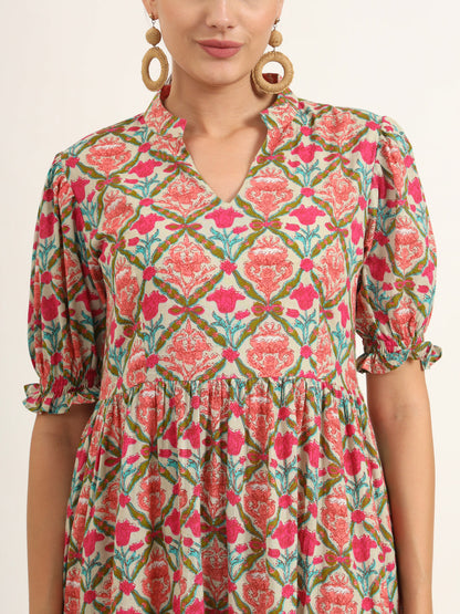 Multi Color Floral Print Midi Dress