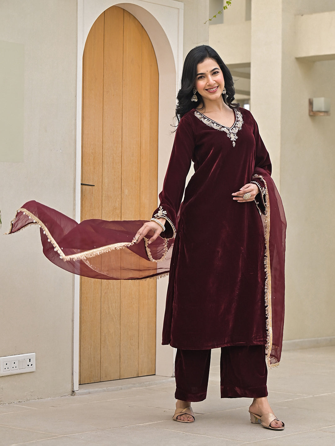 Embroidered Maroon Velvet Kurta Pant Dupatta Set for Women
