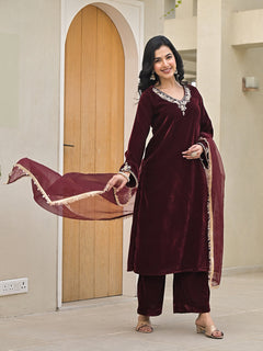 Embroidered Maroon Velvet Kurta Pant Dupatta Set for Women